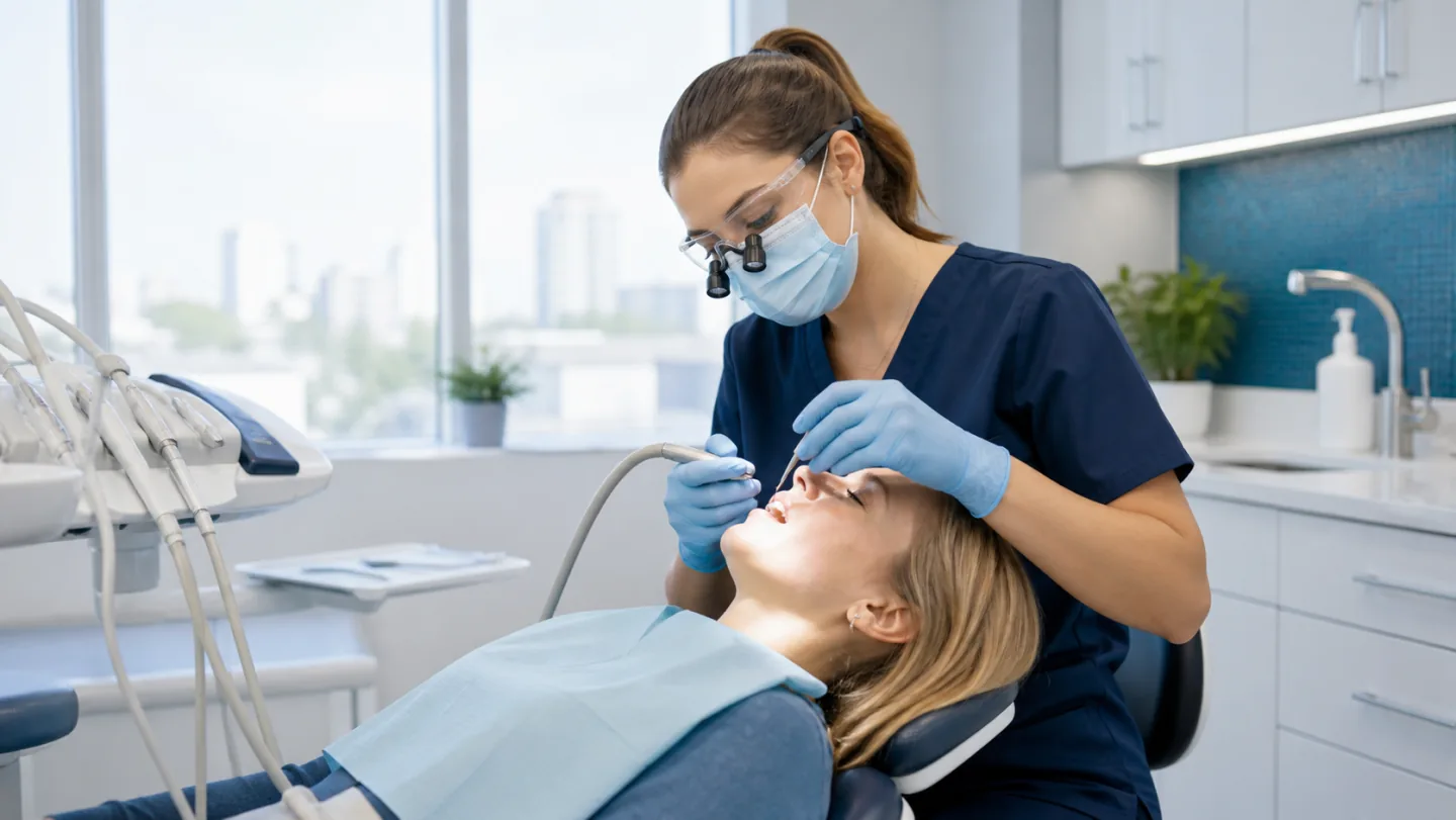 A dental hygienist providing careful deep cleaning below the gumline