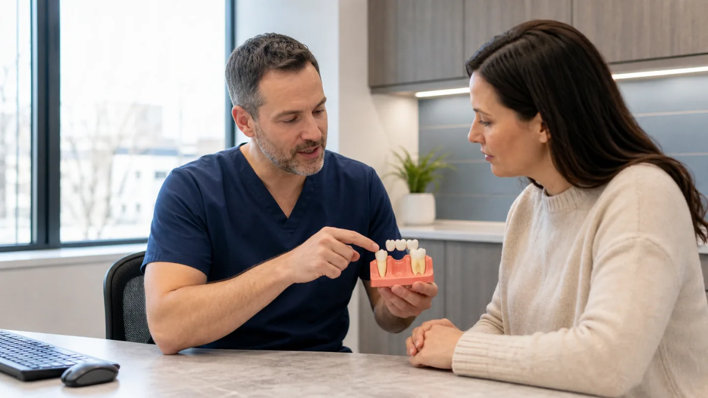 A dentist explaining how a fixed bridge can replace a missing tooth