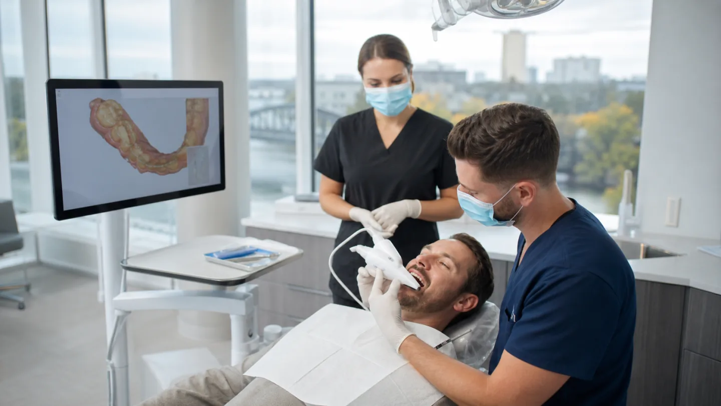 A dentist using a digital scanner while planning a custom dental crown