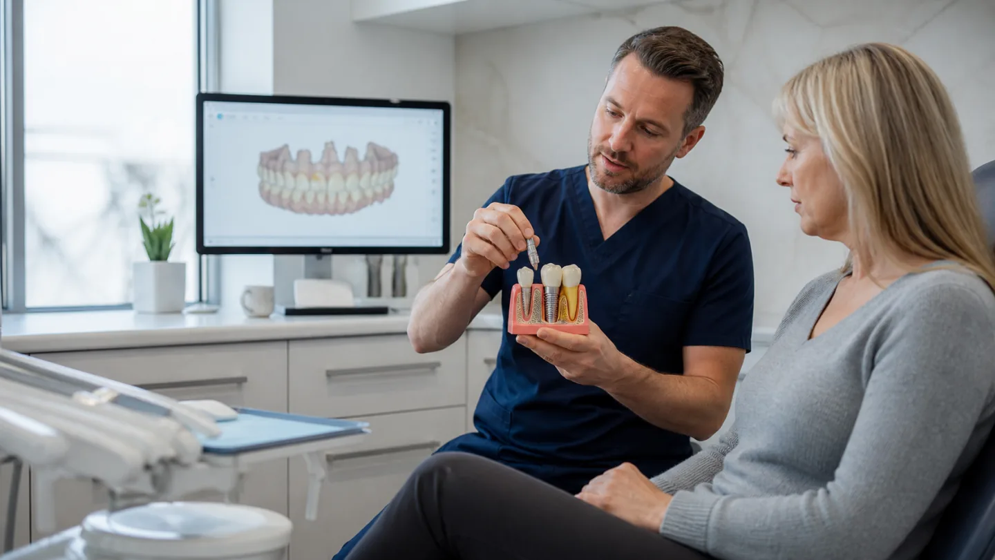A dentist explaining a single dental implant with a jaw model and scan