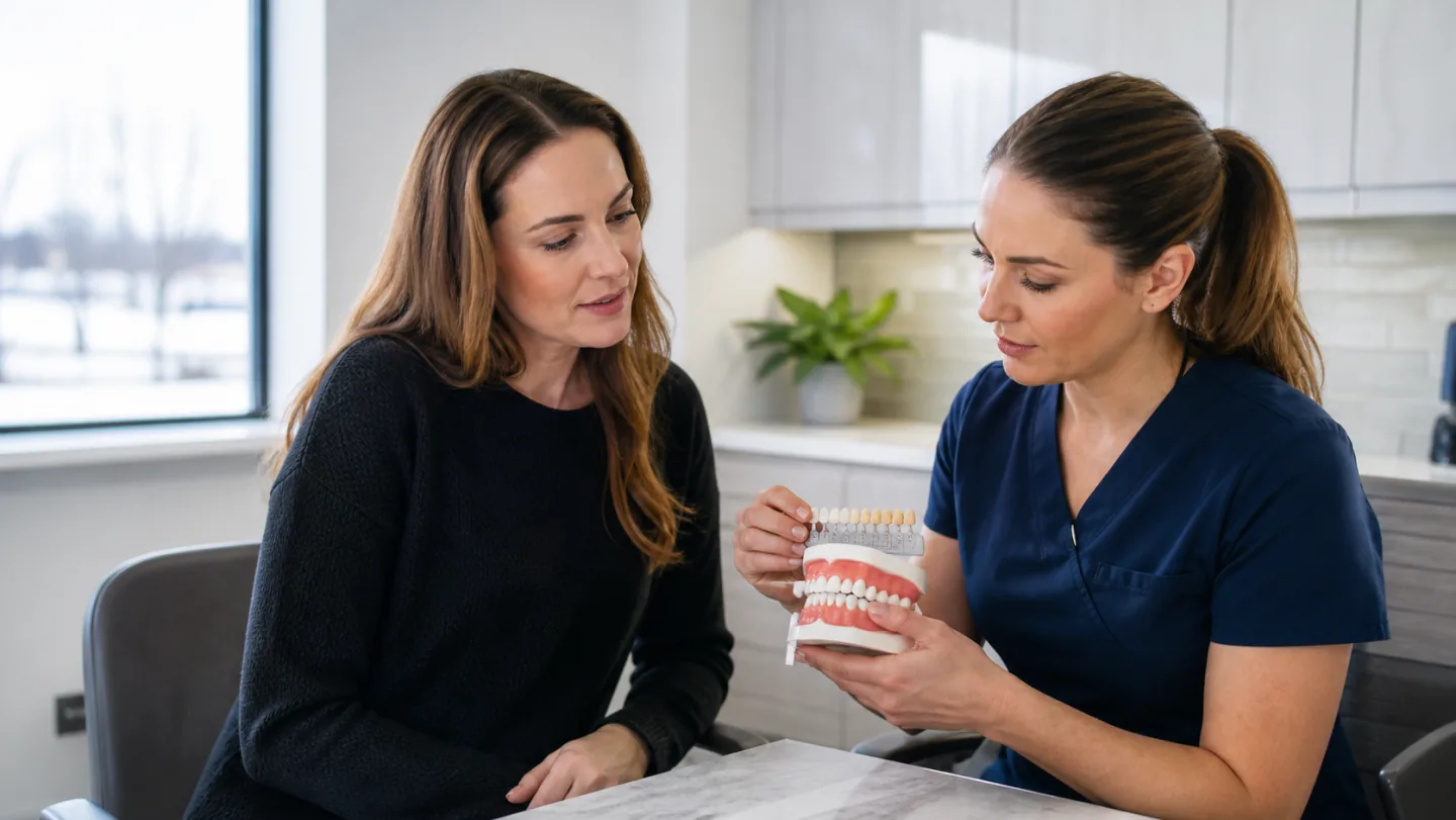 A dentist reviewing natural tooth shades during dental veneer planning