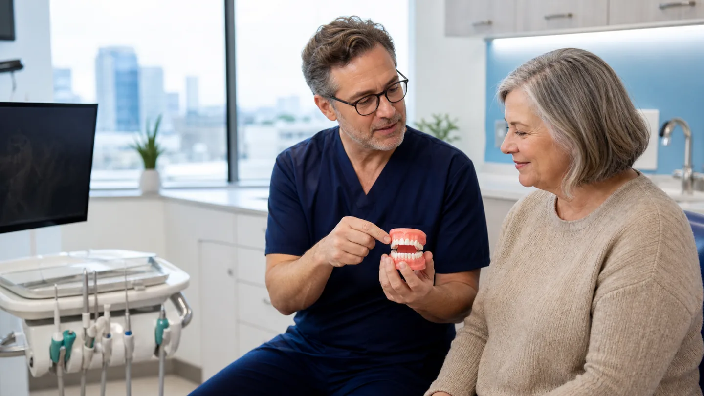 A dentist explaining a complete denture to a mature patient