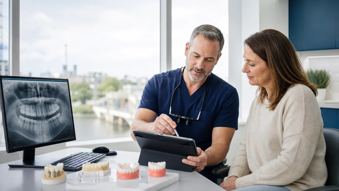 A dentist and patient reviewing a comprehensive restorative treatment plan