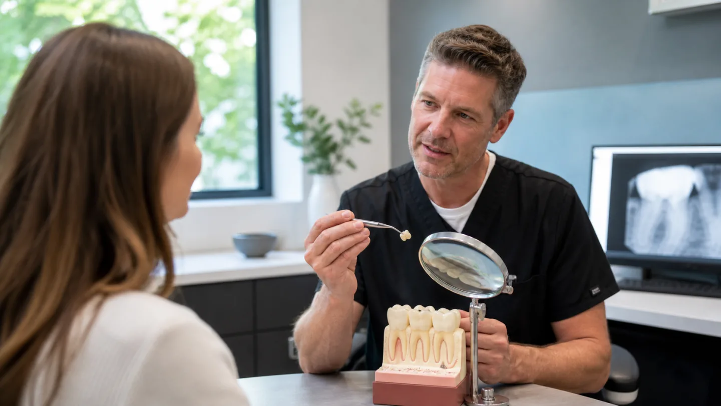 A dentist showing a small ceramic inlay beside a detailed tooth model