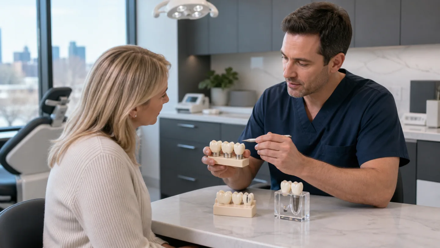 A restorative dentist explaining crowns, bridges and dental implant options