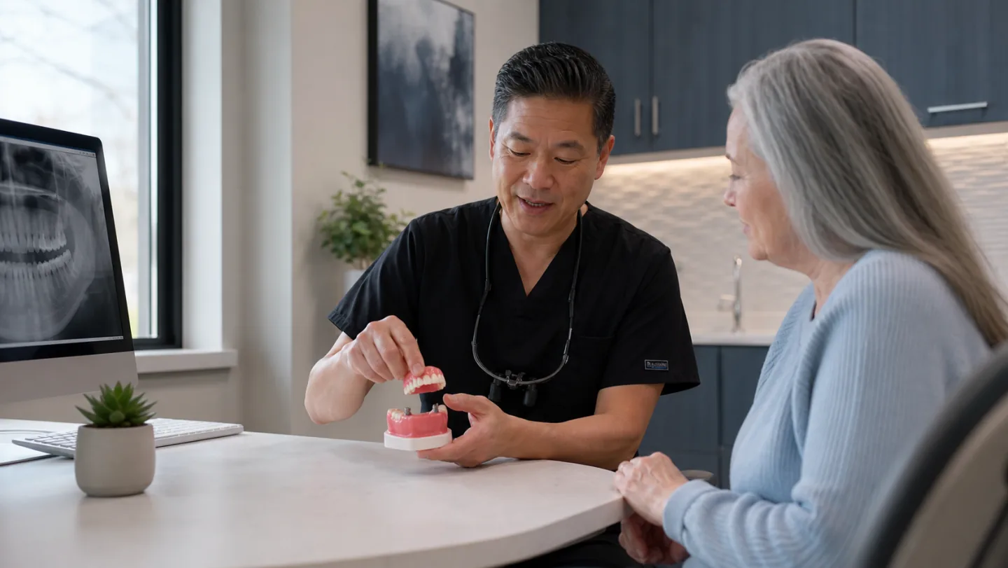 A dentist demonstrating how a snap-in denture connects to implant attachments