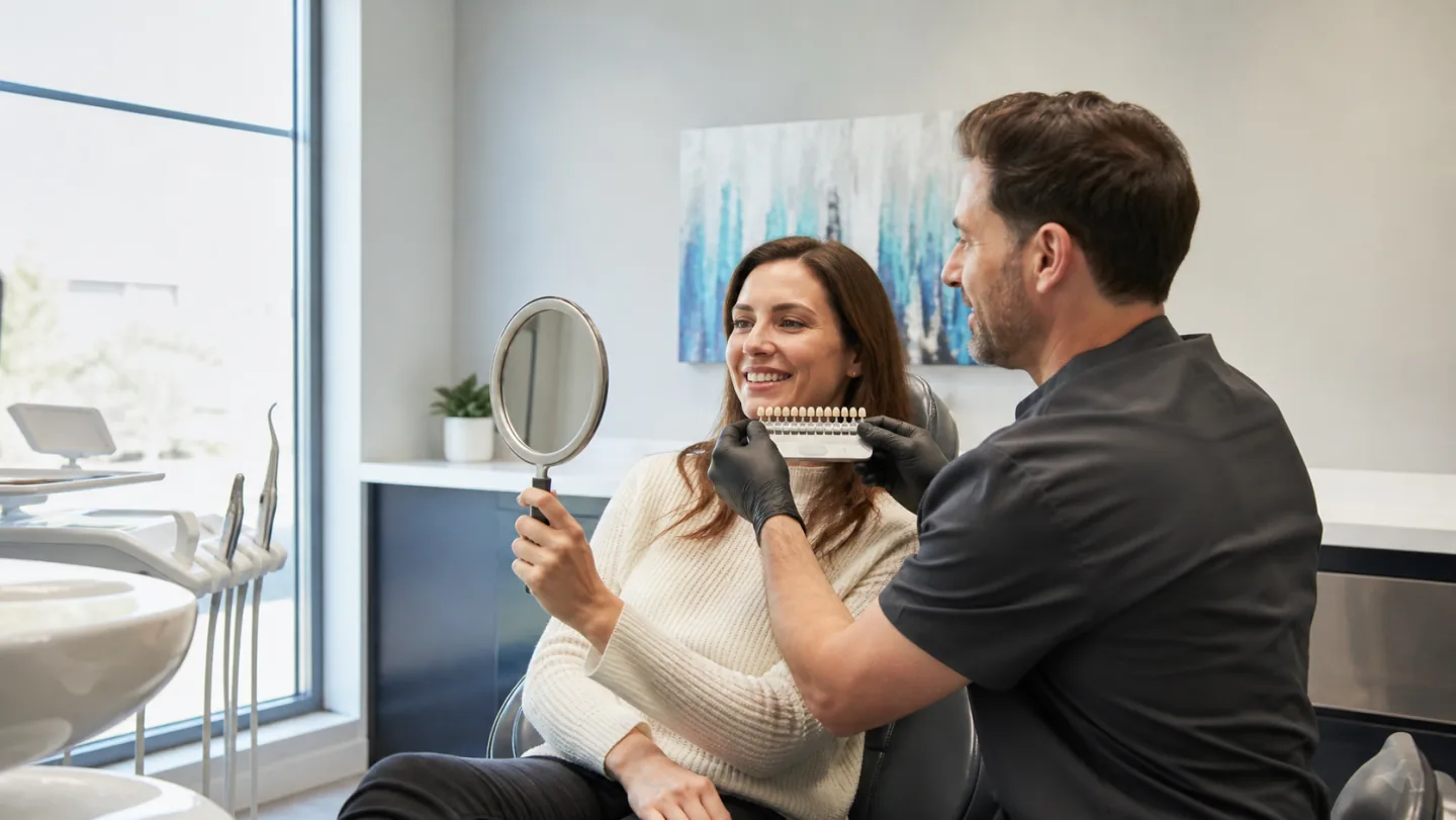 A dentist selecting a natural shade for a tooth-coloured restoration